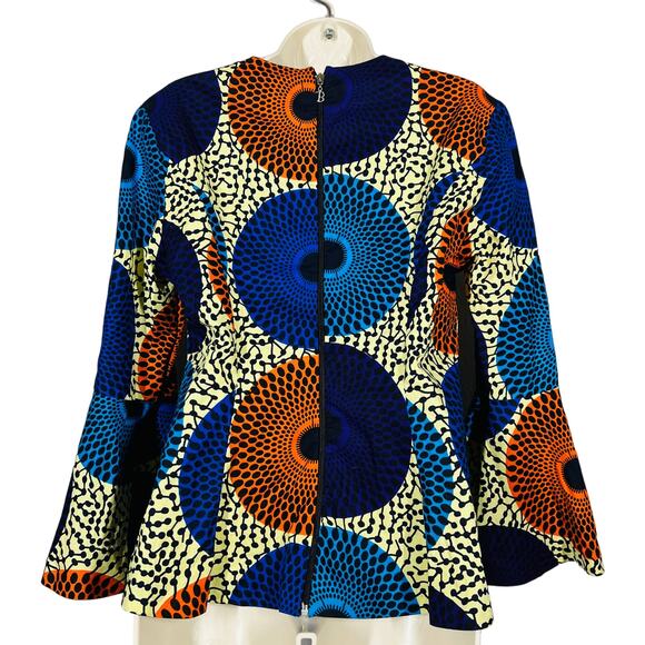 Handmade Mid Mod Peasant Top High Neck Print Bell Sleeve - L - Picture 4 of 7